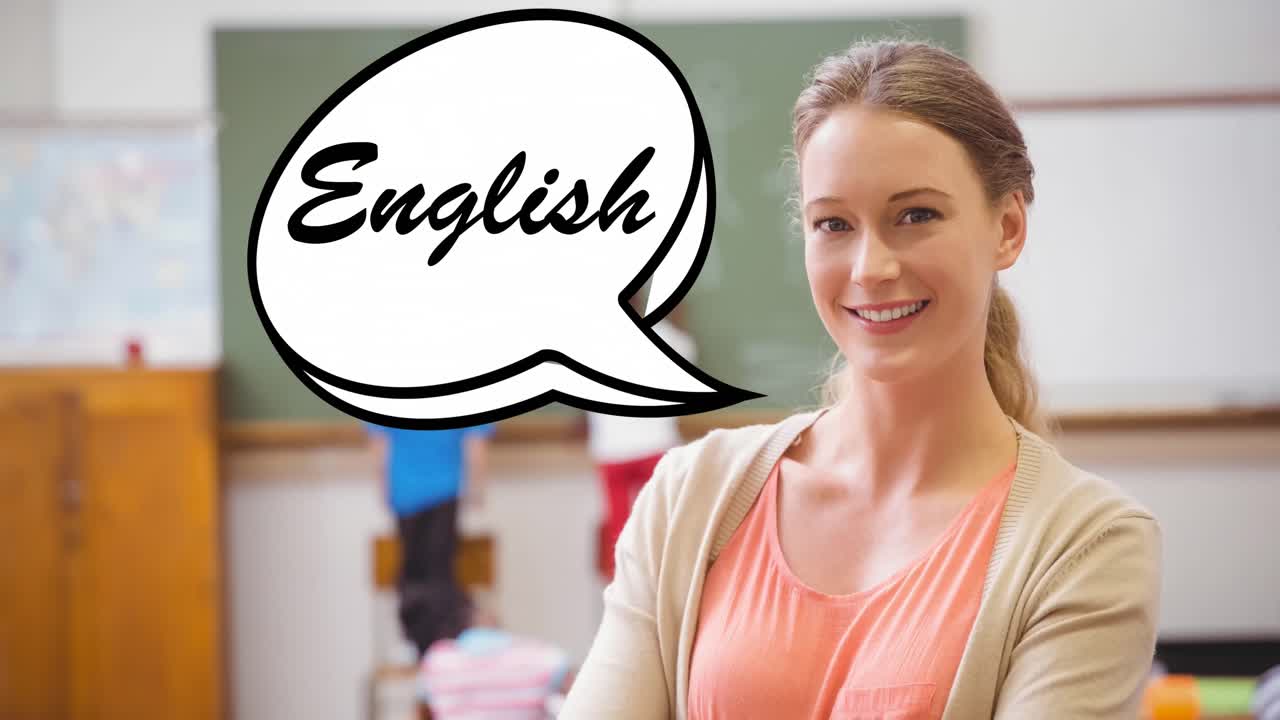 Animation of english text over teacher and class