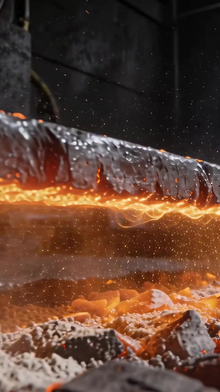 Video verticale: Forno che riscalda una lastra di metallo, mostrando la base fusa sopra un letto di braci in una fucina con scintille