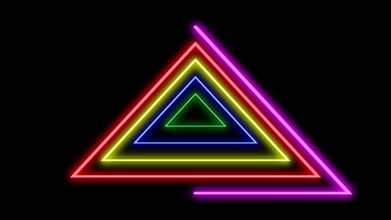 fondo abstracto con luces de neón triángulos, animación en bucle. líneas brillantes de colores en fondo negro