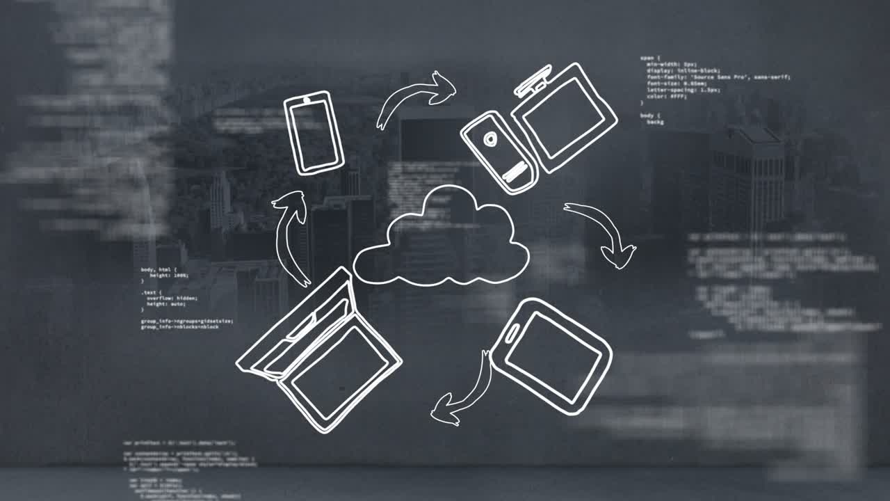 Hand-drawn cloud icon appearing triggers circular data flow, adding device icons rotating out