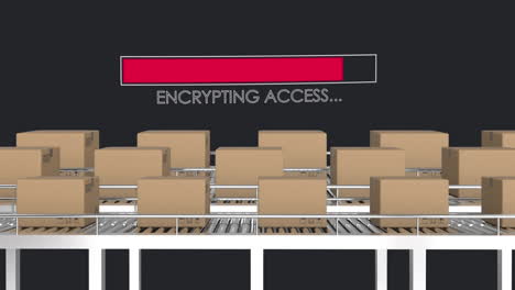 animation of data processing over cardboard boxes on conveyor belts