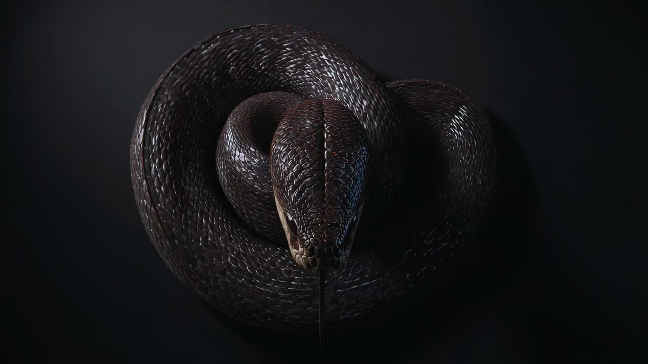 Avvio della camera, serpente arrotolato che muove la lingua biforcuta e sposta la testa, percependo l'aria in uno studio buio