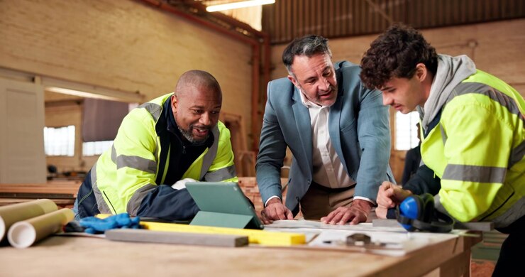 Architect and Construction Workers Reviewing Plans on Tablet in Workshop