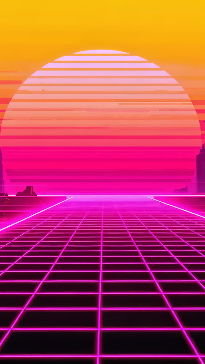 Vertical video: Starting zoom magenta grid and banded sun moving toward horizon creating motion