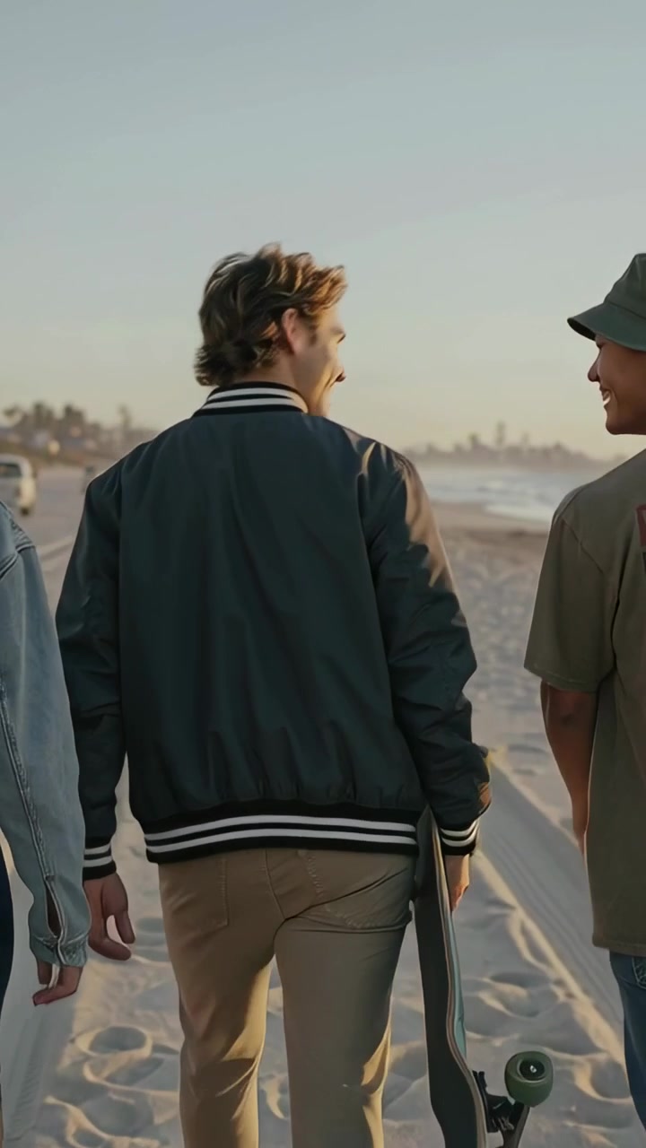 Video verticale: uomo in bomber con longboard che si gira e sorride camminando sul sentiero della spiaggia, dando inizio a una conversazione