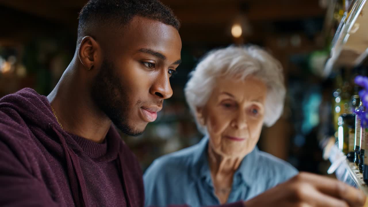 A thoughtful moment of connection between a young man and an older woman as they explore a variety of bottles on a shelf, showcasing their appreciation for unique items and shared experiences in a cozy setting