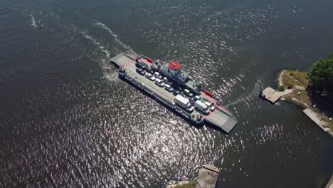 aerial view of ferry boat transport cars in the river. beloslav, bulgaria