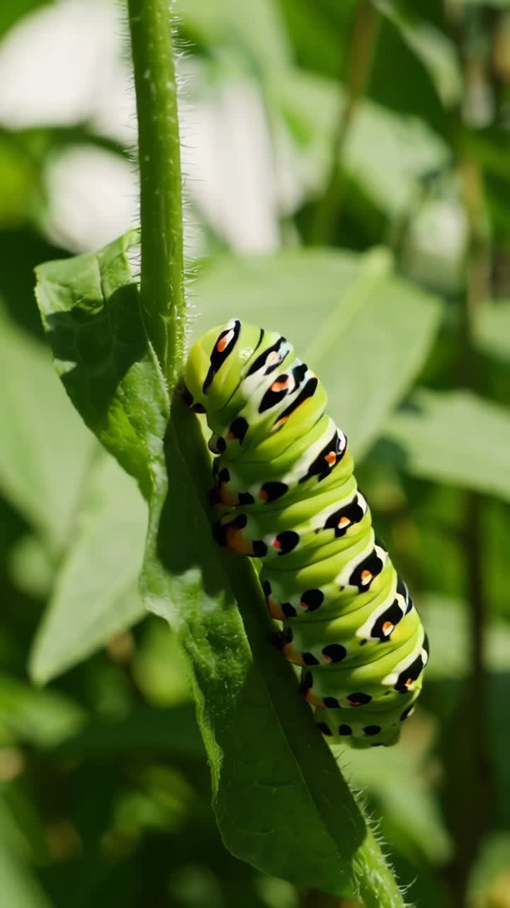 Close-up of a Monarch Caterpillar on a Leaf