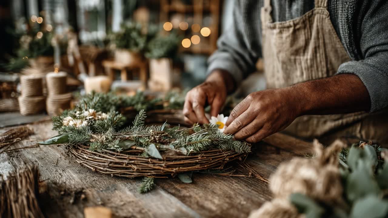 A Skilled Artisan Carefully Assembles a Beautiful Wreath Using Natural Elements, Highlighting the Craft of Seasonal Decoration and Creative Arrangement in a Cozy Workshop Setting