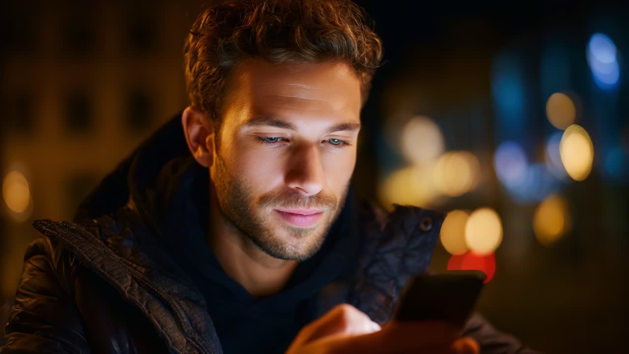 Jovem concentrado usando smartphone à noite com luzes suaves, criando uma atmosfera aconchegante e envolvente, refletindo o estilo de vida e a comunicação urbanos modernos