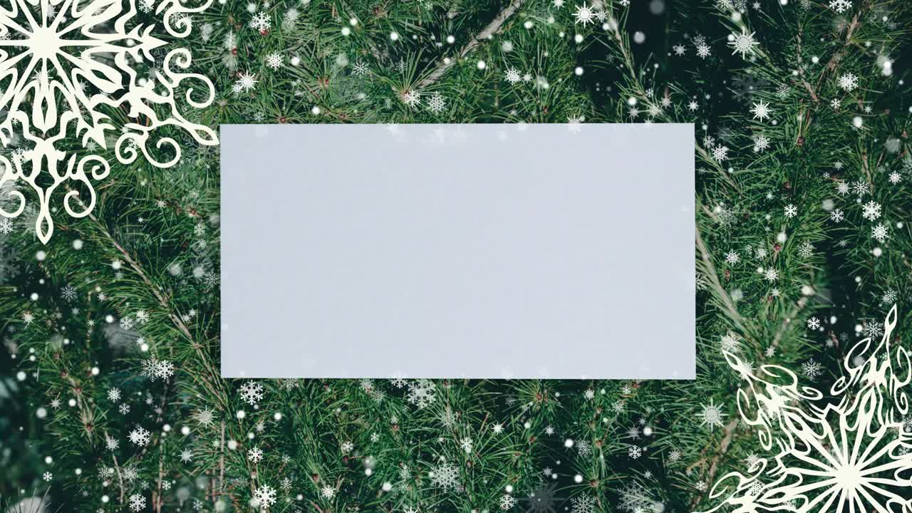 Christmas background with fir branches, snowflakes and golden balls. Top view with letter and copy space