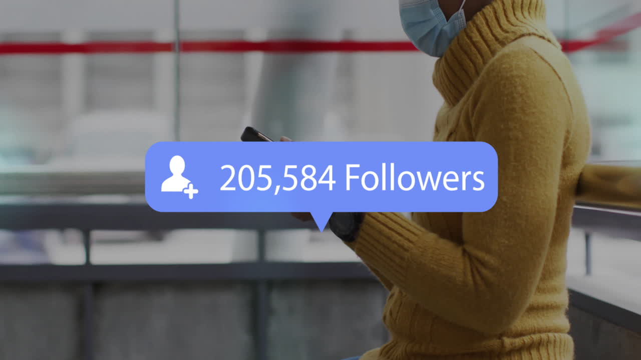 Female commuter checking smartphone in transit hub, displaying floating social media followers icon
