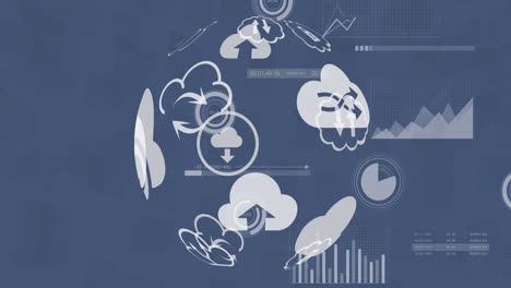 animación del globo con iconos y procesamiento de datos financieros.