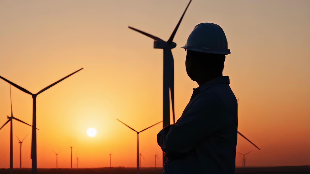Silhouette of an Engineer at a Wind Turbine Field during Sunset