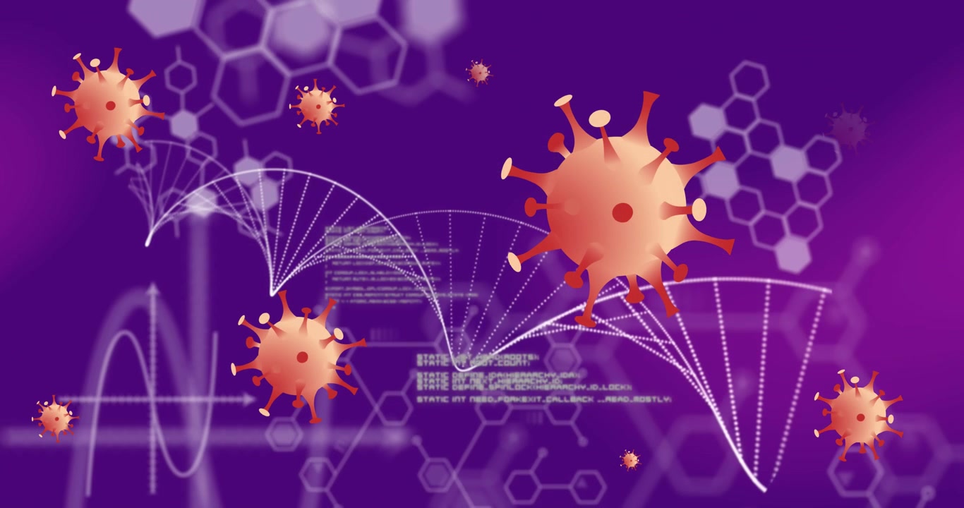 Animation af covid 19-celler der bevæger sig, databehandling og en DNA-streng der snurrer rundt