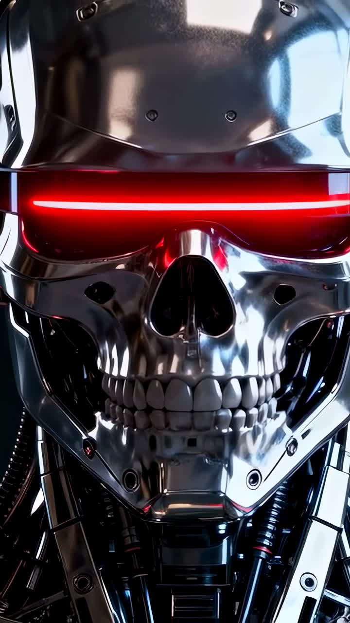Video verticale: teschio robot cromato pulsante che reagisce a un impulso LED rosso, rivelando mascella e cavi nell'ambientazione