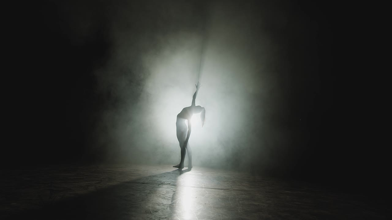 silueta de una graciosa bailarina bailando en humo texturizado en el centro de atención, actuación de ballet moderno