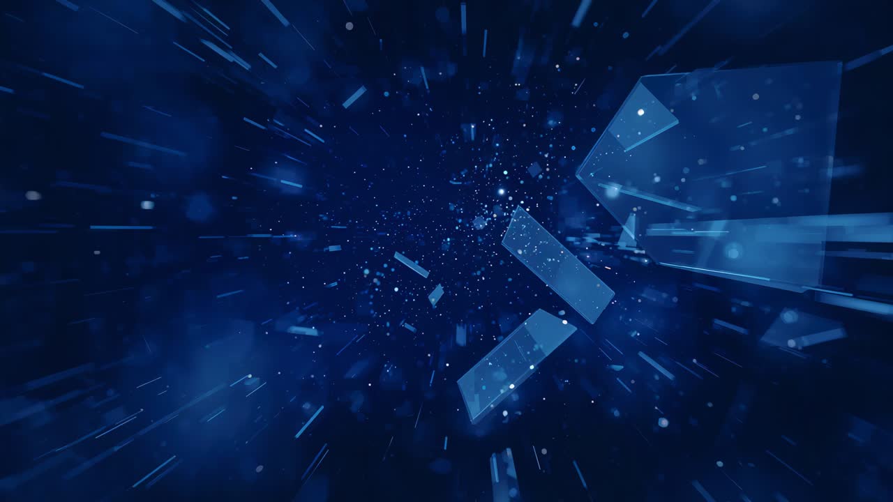 Moving blue glass shards forward through navy tunnel with camera advancing and particles glowing