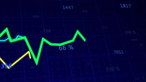 animación de líneas de seguimiento y procesamiento de datos financieros con números que cambian sobre un fondo azul