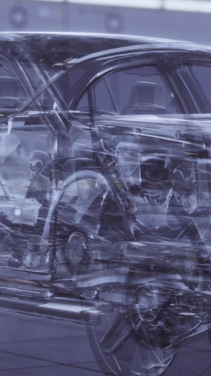 Transparent car reveals intricate internal designs in a modern showroom
