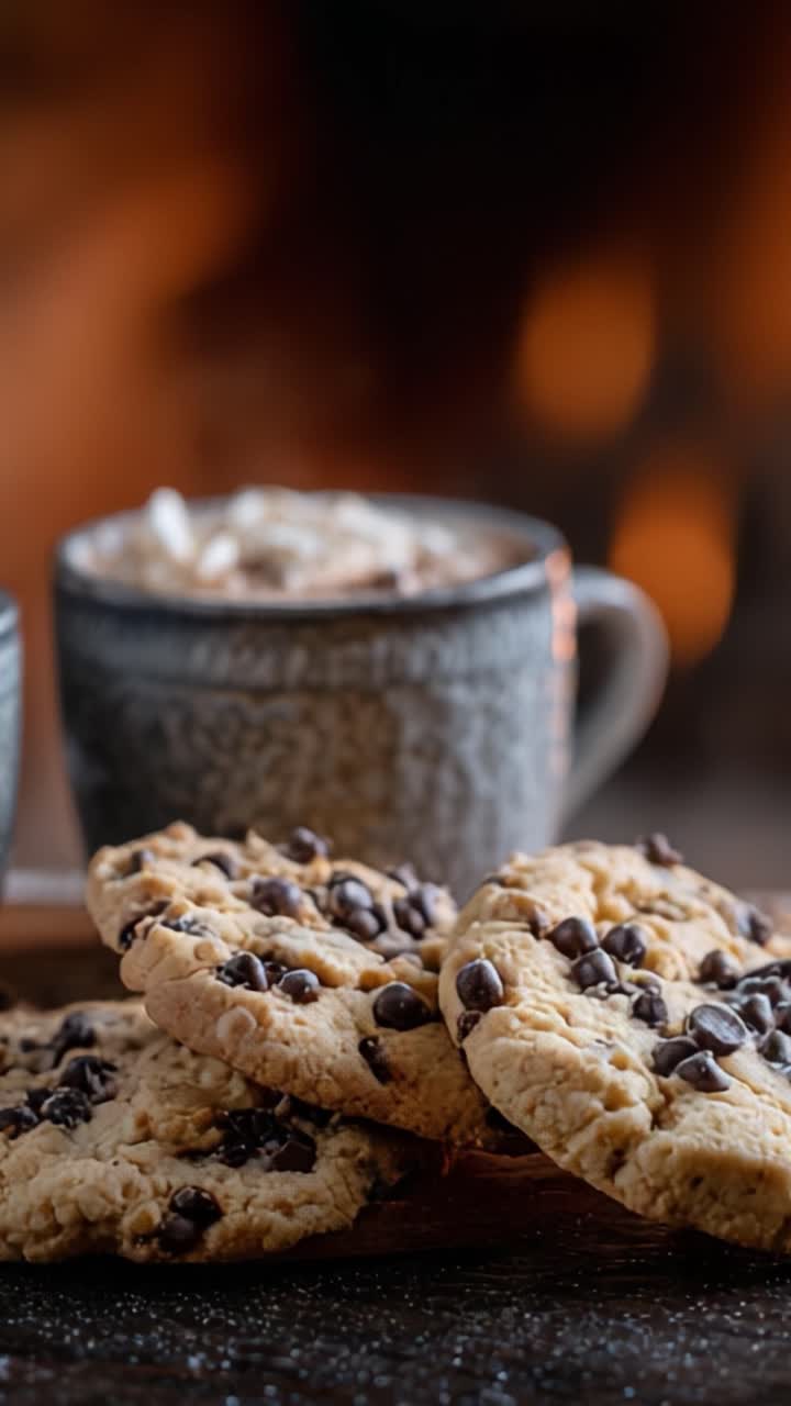 Biscotti caldi con gocce di cioccolato e bevanda calda accanto al camino, creando un'atmosfera accogliente perfetta per il relax e l'indulgenza in una serata fredda.