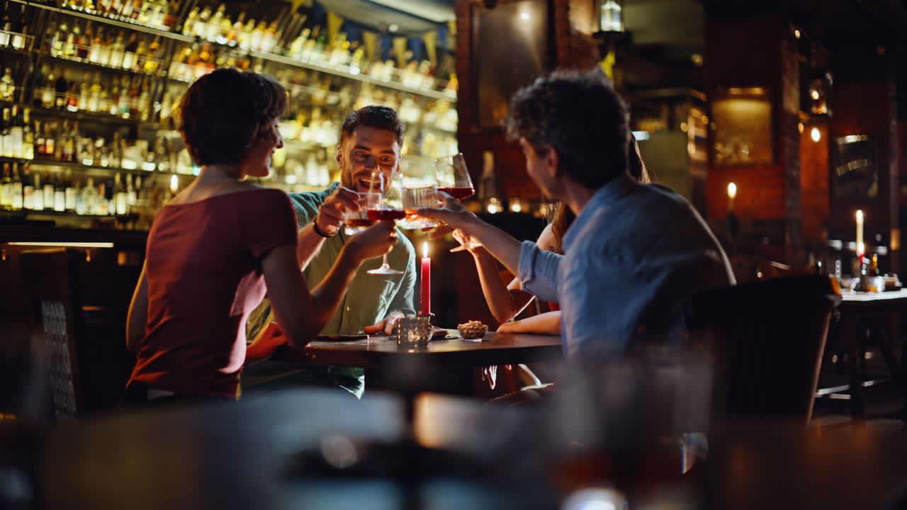 Group friends drinking wine in restaurant. Happy young people clinking glasses