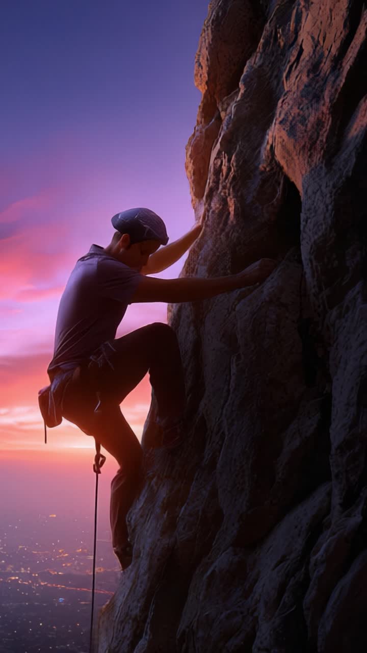 A Determined Climber Ascends a Rocky Cliff Against a Stunning Sunset Sky, Illustrating the Spirit of Adventure and the Challenge of Nature's Heights
