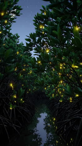 glowing fireflies in a mangrove forest at night