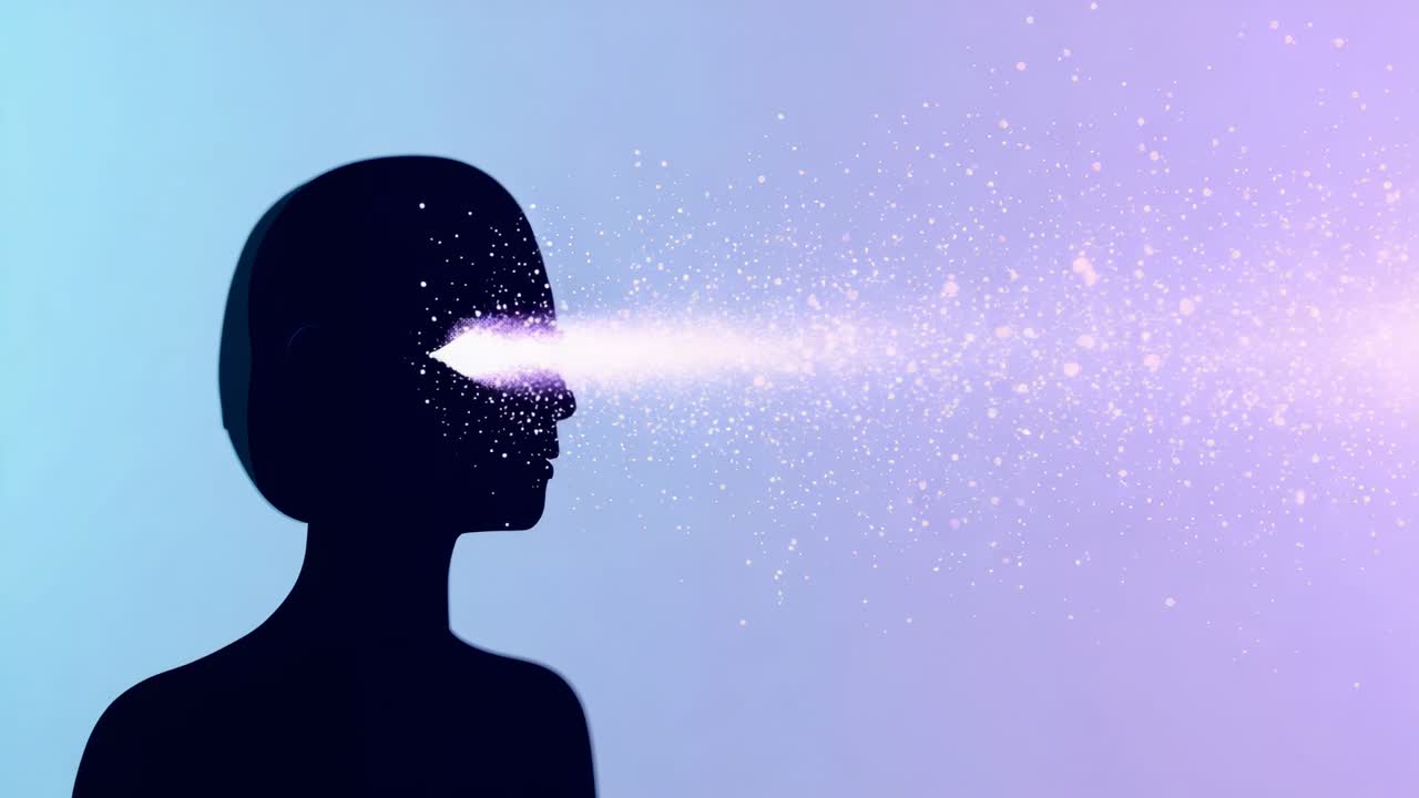 Impulsion apparaissant dans l’œil, silhouette projetant un faisceau lumineux sur un dégradé bleu lavande, espace