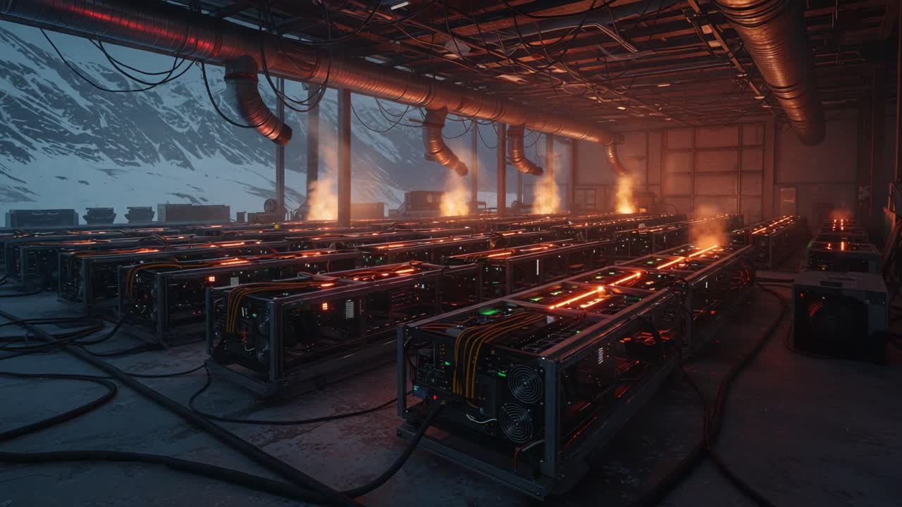 A futuristic data center under snow-capped mountains, featuring rows of high-powered mining rigs with vibrant lights and intense vapor emissions, showcasing cutting-edge technology and innovation