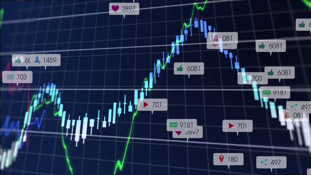 다중 그래프와 변화하는 숫자의 애니메이션과 검은색 배경의 알림 바