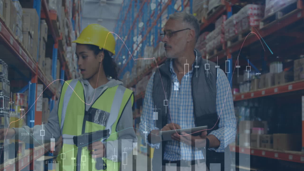 animación de estadísticas procesamiento de datos financieros sobre hombres y mujeres que trabajan en almacenes