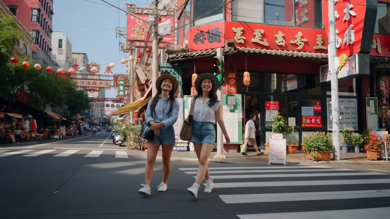 Two women walking and exploring a vibrant street in an Asian district