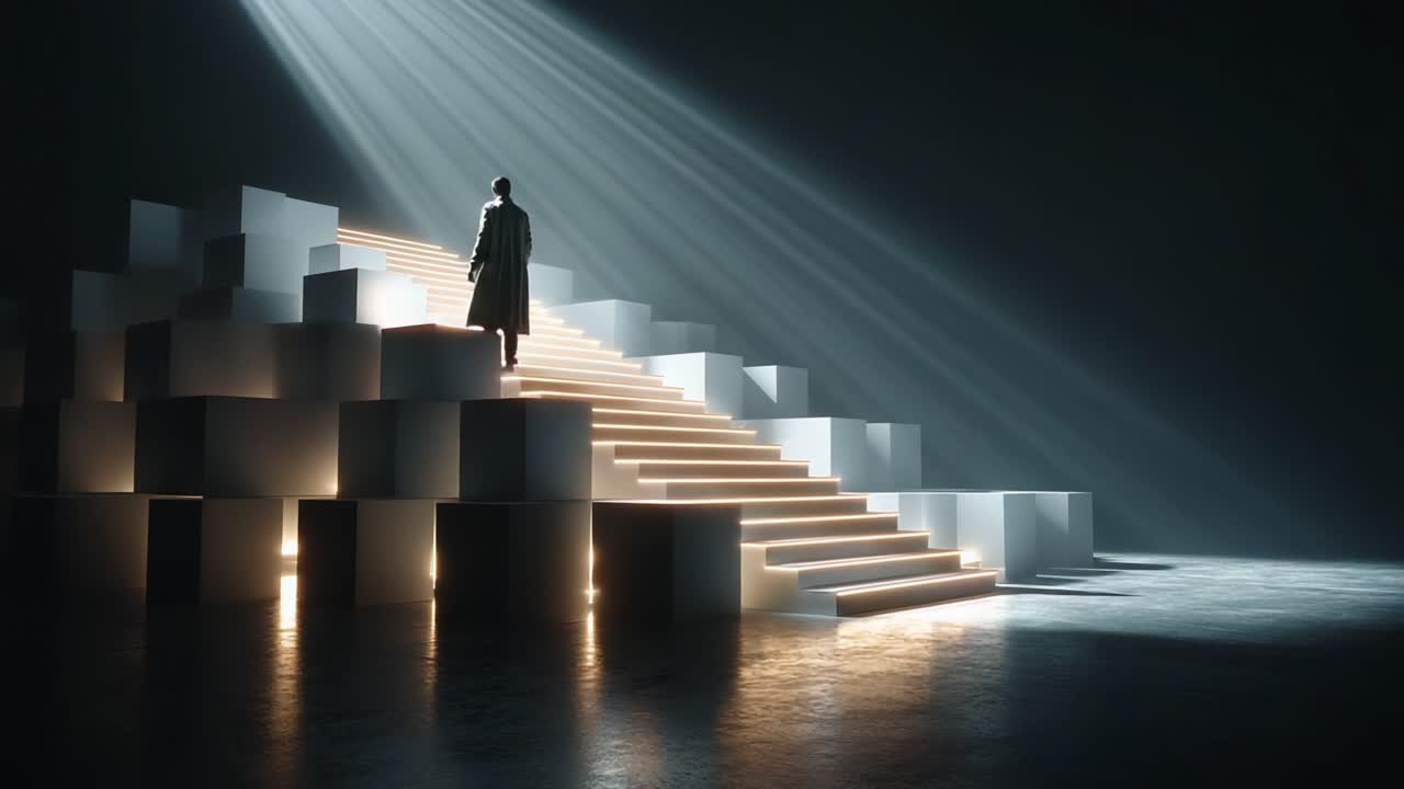 Man walking up stairs in spotlight