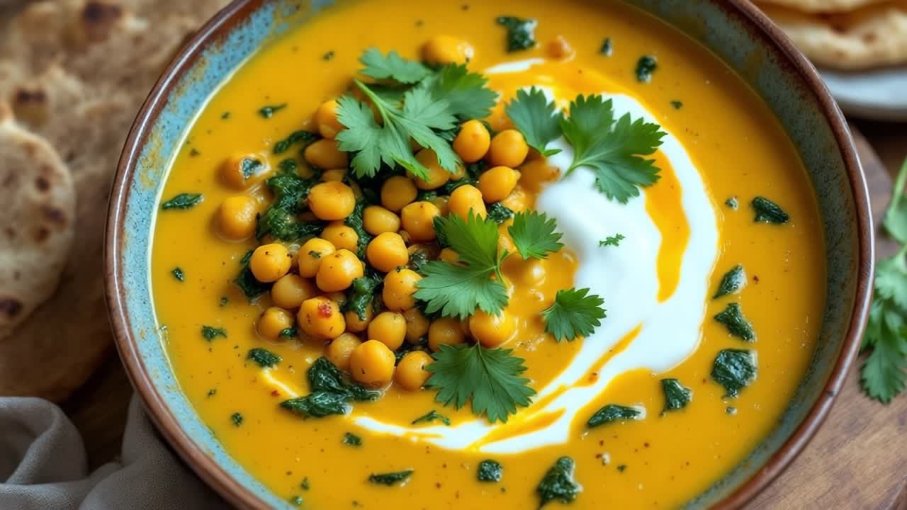 Vibrant bowl of chickpea curry featuring a rich yellow-orange color, garnished with fresh herbs and creamy yogurt, accompanied by warm naan bread, creating a delicious and inviting meal