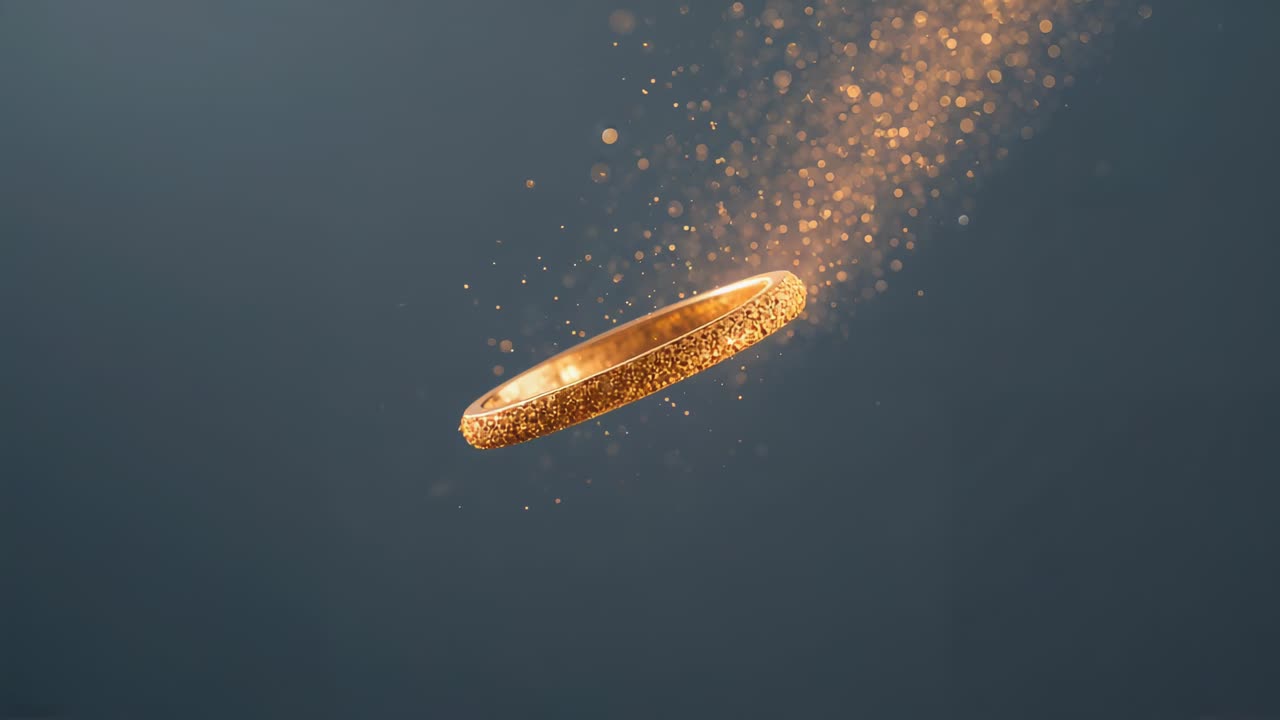 Anello dorato rotante che fluttua in una scia di particelle di luce soffusa proveniente dall'alto a destra, accentuandone la luminosità