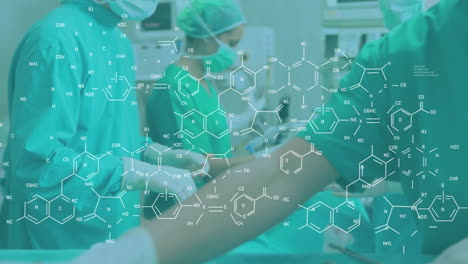 animación de la fórmula química sobre el cirujano en el quirófano