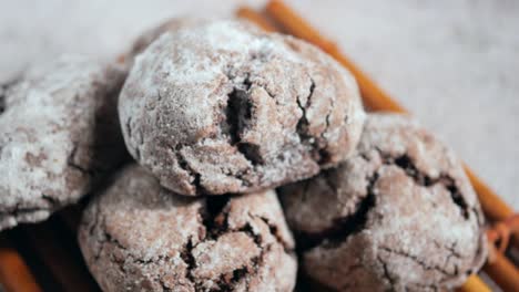 closeup of chocolate chip cookies with powdered sugar