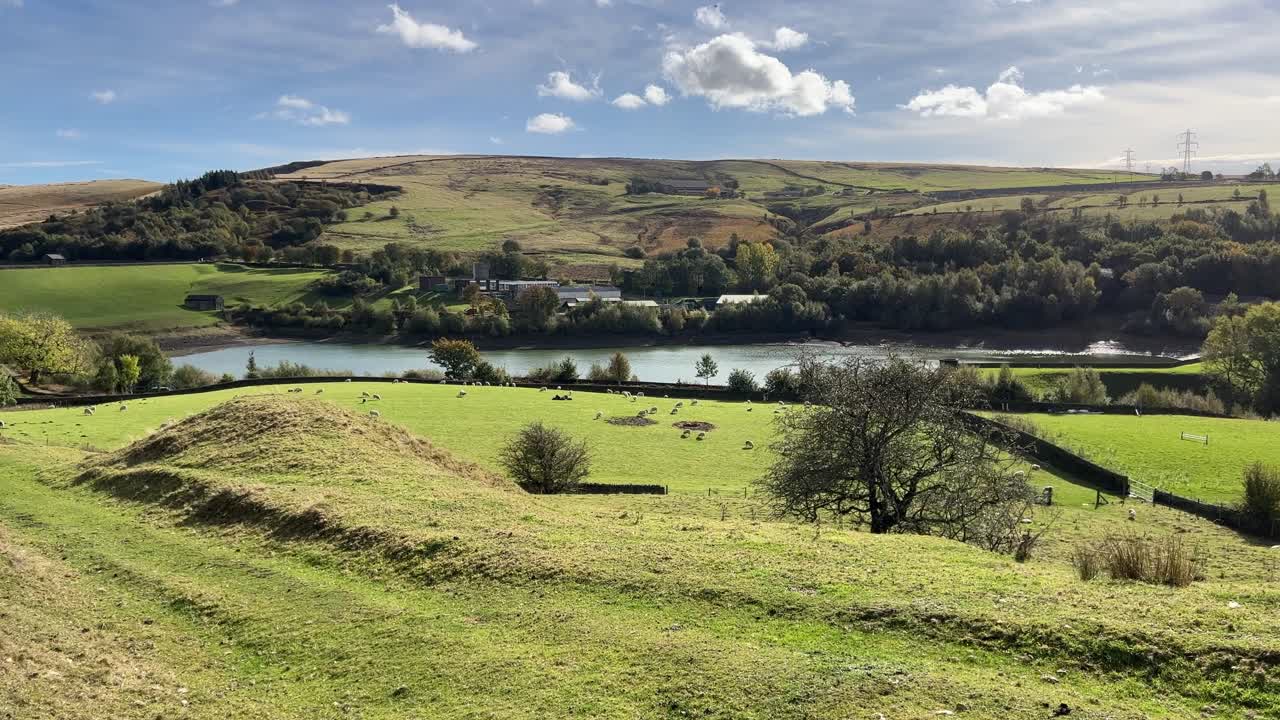 escena campestre inglesa de verano con tierras de cultivo, campos, pastos, ovejas pastando, paredes de piedra seca y lago