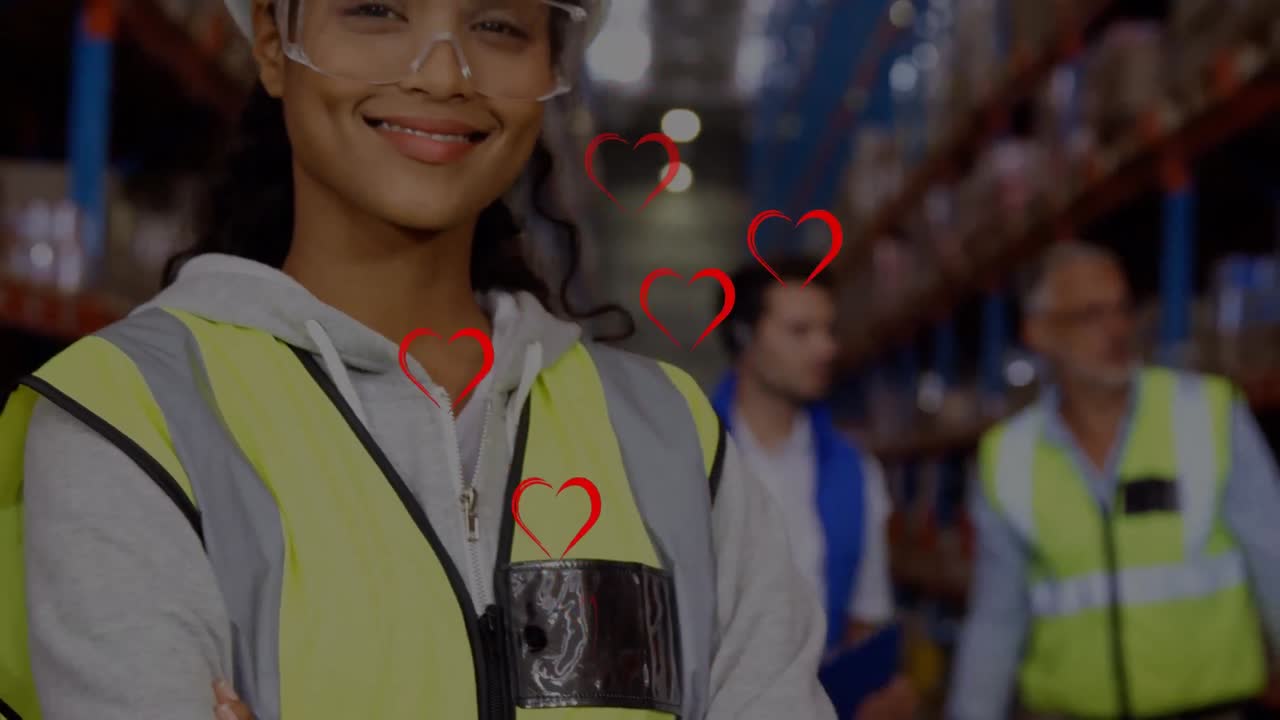 animación de corazones rojos sobre trabajadora biracial y colegas en el almacén