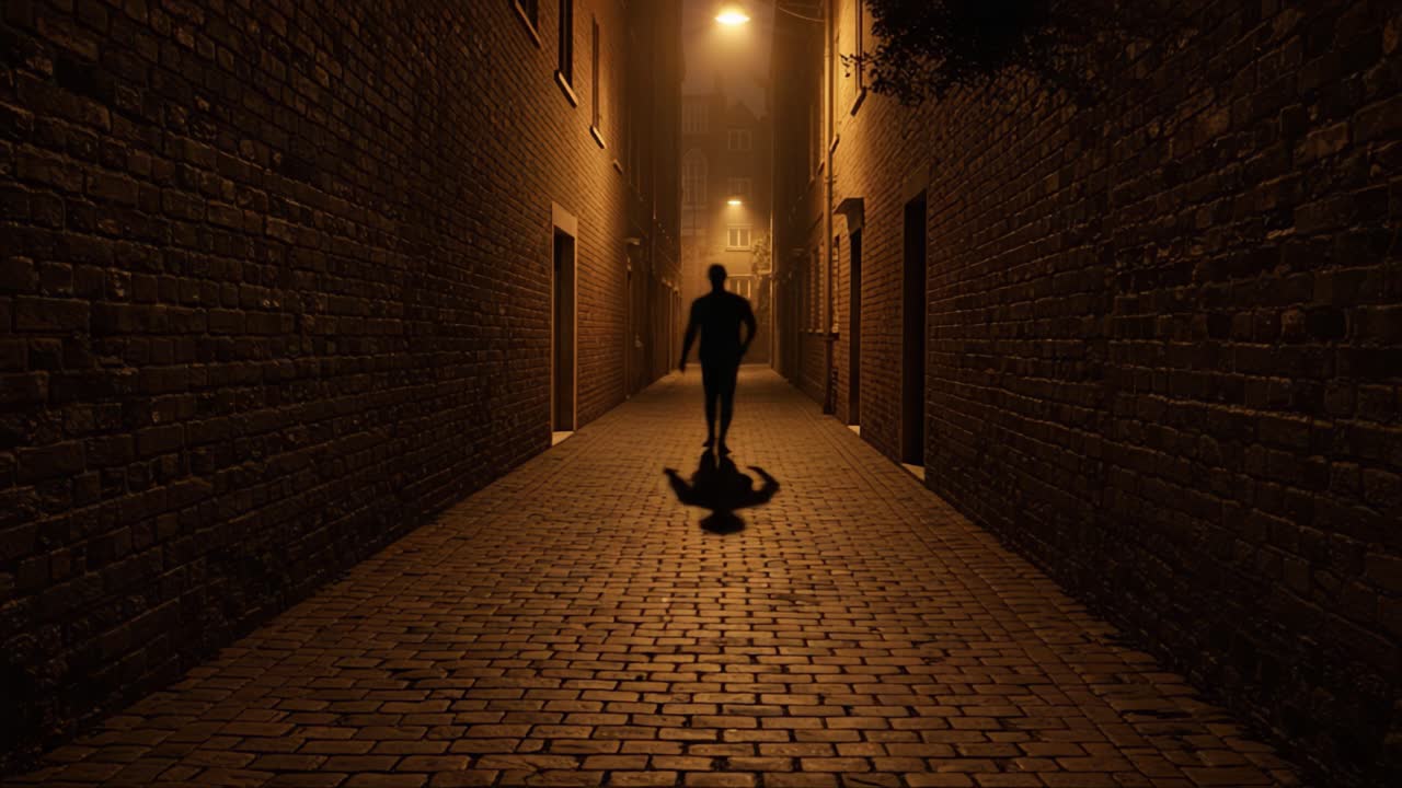 A solitary figure navigates a dimly lit alleyway, creating an eerie atmosphere shrouded in fog, while shadows stretch along the cobblestone path beneath street lamps