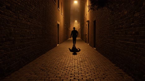 a solitary figure navigates a dimly lit alleyway, creating an eerie atmosphere shrouded in fog, while shadows stretch along the cobblestone path beneath street lamps