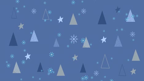 Animation-Von-Weihnachtsbäumen-über-Schnee,-Der-Auf-Blauen-Hintergrund-Fällt