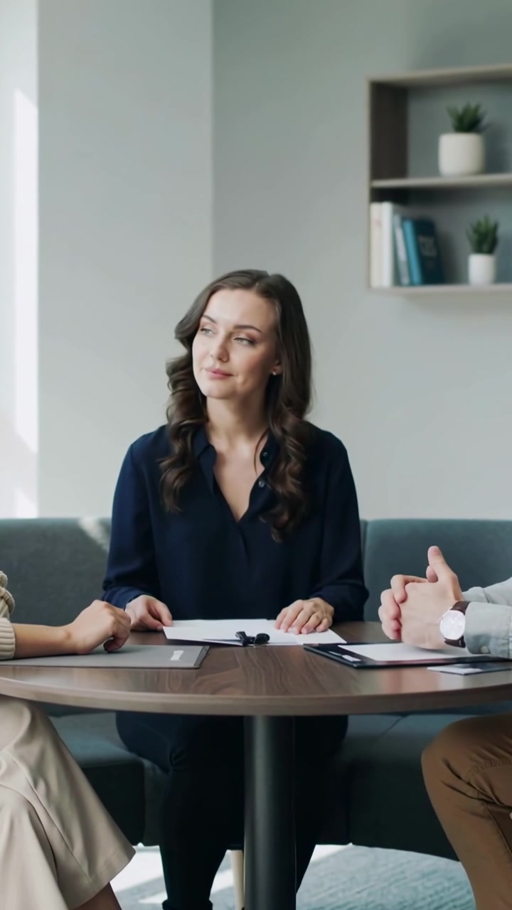 Video verticale: Donna in top blu navy che ascolta e annuisce mentre un collega parla al tavolo, leggendo documenti con una penna.