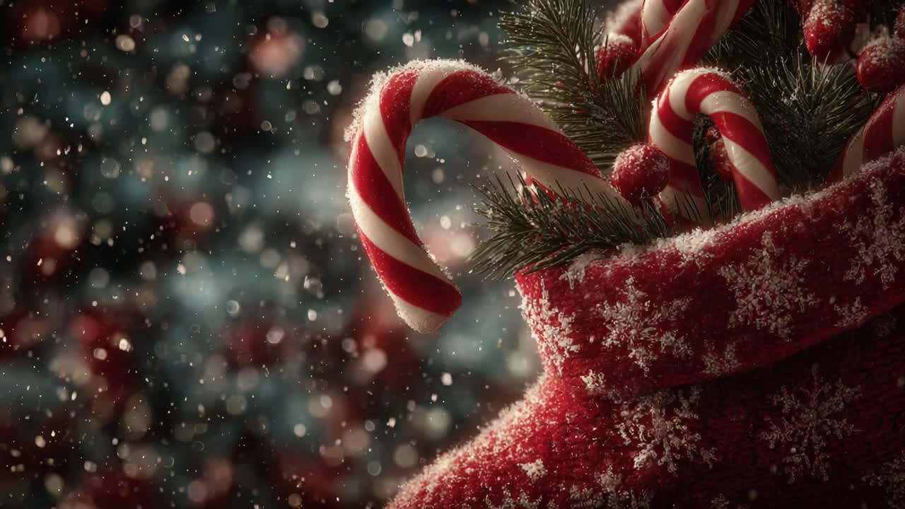 A Festive Christmas Scene Featuring Candy Canes and Seasonal Decor, Captured in a Cozy, Snowy Atmosphere with a Beautifully Designed Stocking