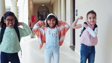 strong, happiness and flexing muscle with children