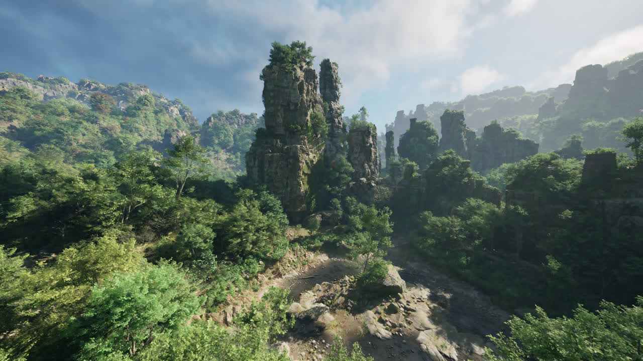 강 과 울창 한 숲 이 있는 산악 풍경 의 공중 사진