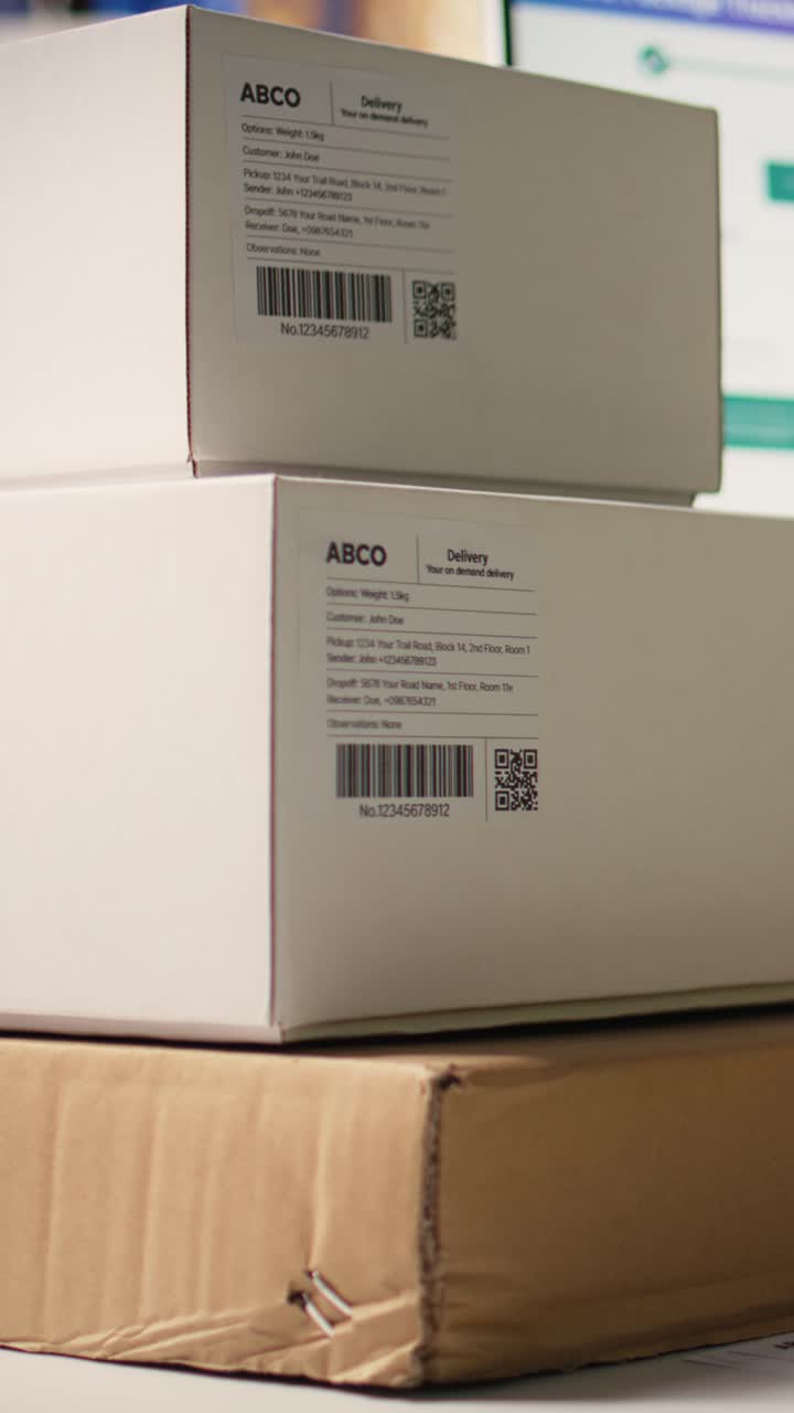 Vertical Video Logistics hub worker uses scanner on tracking info tags for express delivery