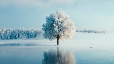 a lone tree in the middle of a frozen lake surrounded by trees