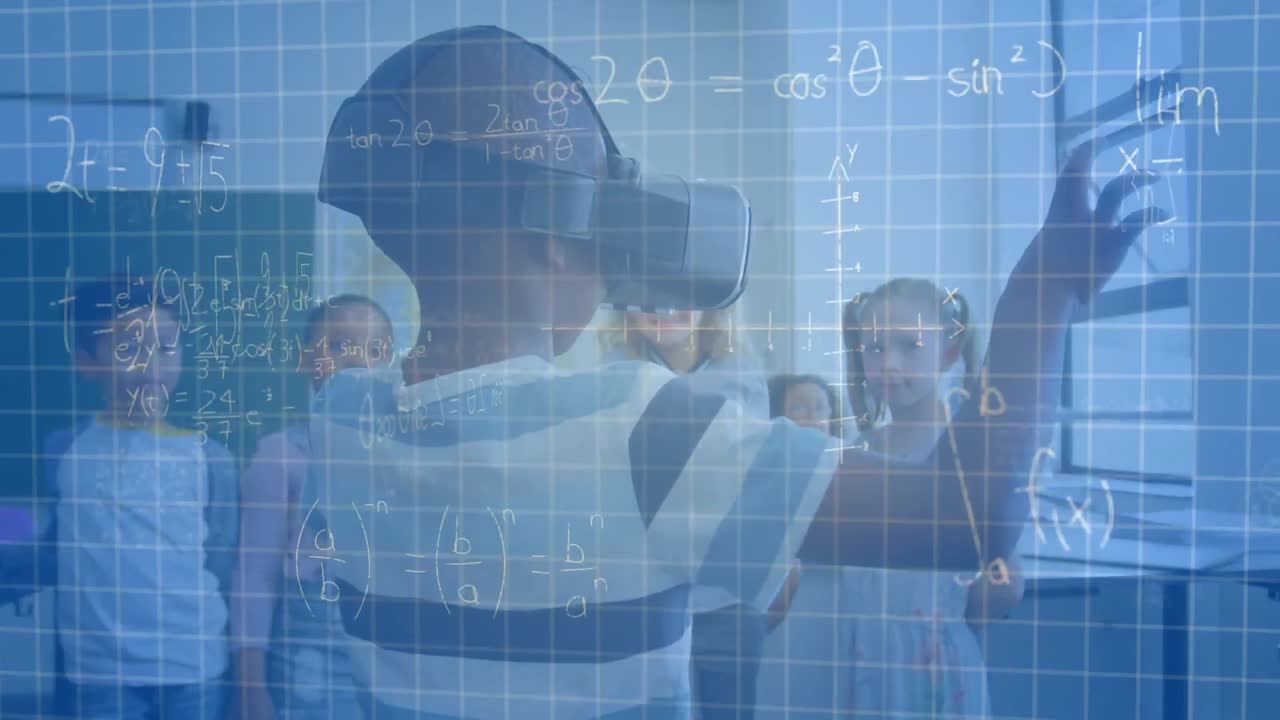 Animation of mathematical formulas over schoolboy using vr headset